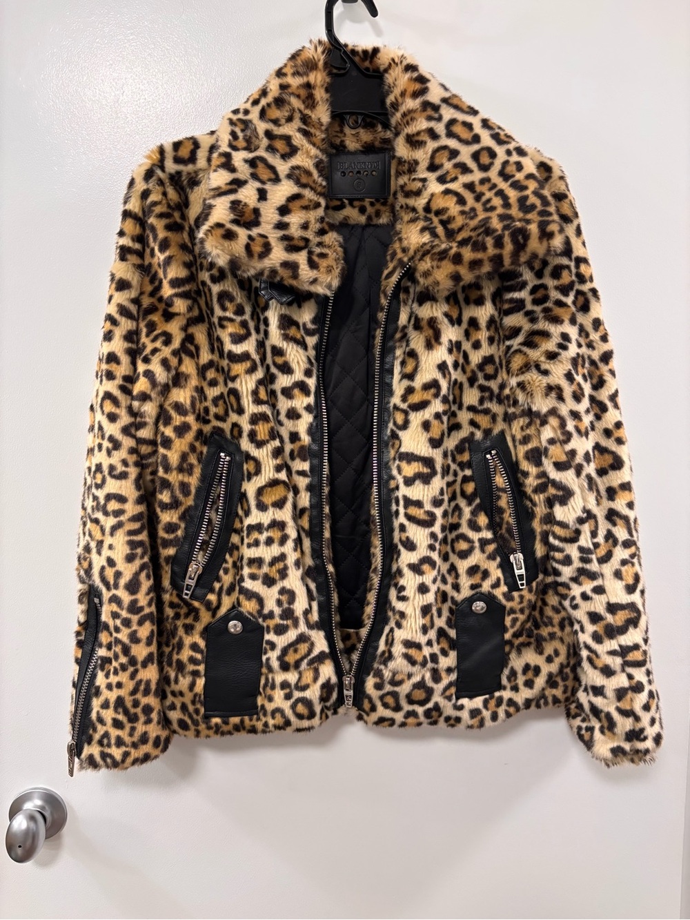 Blank NYC Leopard Faux Fur Moto Jacket in Tan and Black